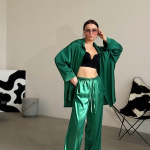 Slate green silk suit set