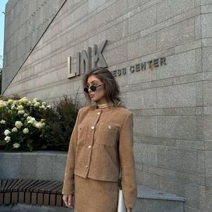 Elegant Beige Tweed Suit for Women - Business, Bridesmaid, and Plus Size Options - Short Skirt and Jacket Set