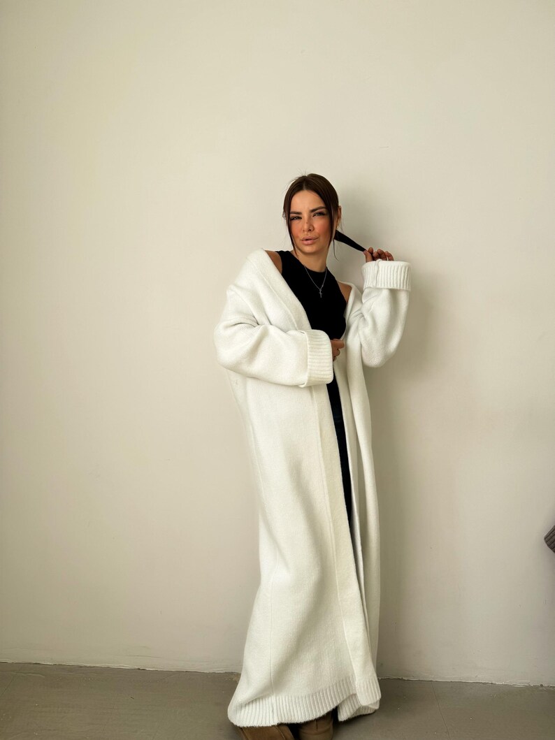 Heavy Knit Duster, White Cable Knit Coat, Huge Sleeves, Long Duster