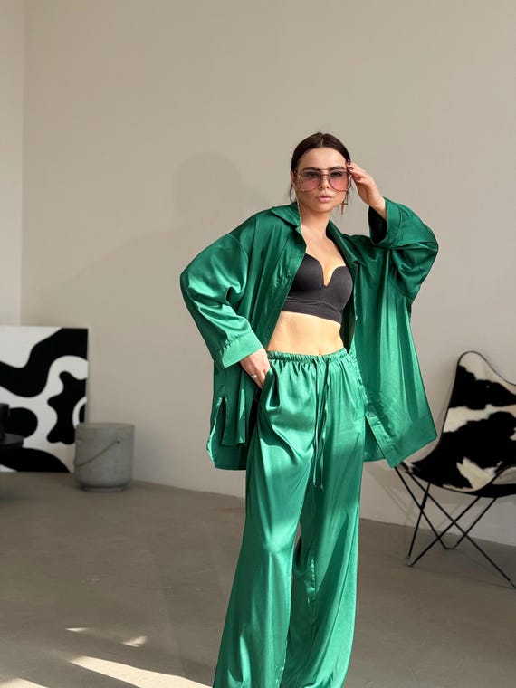 green satin dress pants Silk Suit Set: Asymmetric Shirt, Palazzo vintage inspired cocktail dress