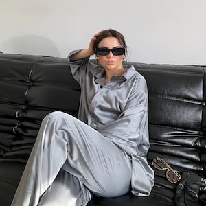 Gray Silk Suit Set for Women 2 Piece Set Loose Fit Suit Asymmetric Shirt Palazzo Pants Elegant Silk Suit Celebrations Pantsuit Party Suit