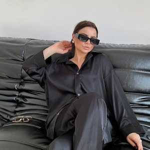 Silk suit, silk blouse, silk trousers pants, black silk costume, casual woman clothes, silk shirt daily clothes, silk set, party clothes