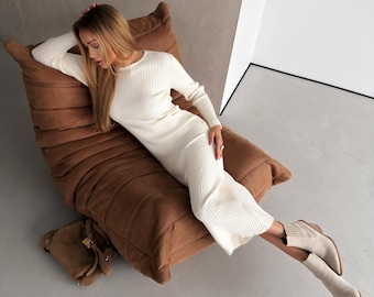 Ribbed Knit Bodycon Midi Dress – Elegant Cream Long Sleeve