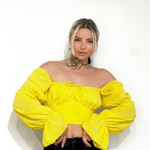 Yellow Chiffon Corset Top – Puff Sleeve Blouse – Adjustable One Size Crop Top – Romantic Fairycore Top – Summer Festival Outfit
