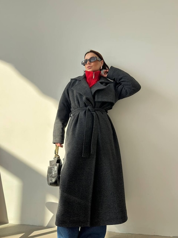 Oversized Grey Wool Trench Coat, Long Belted Winter Coat - Etsy