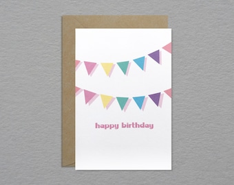 Rainbow bunting birthday card – Cute happy birthday card - Retro bunting card - Fun birthday party card - Fun unique greeting card