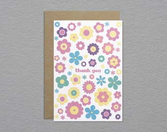 Retro flowers thank you card - Ditsy floral card - Cute thank you card - Fun unique greeting card