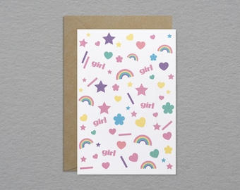 Rainbow confetti baby girl card - Cute girl baby shower card - Baby girl card - Unique baby card - Modern baby card
