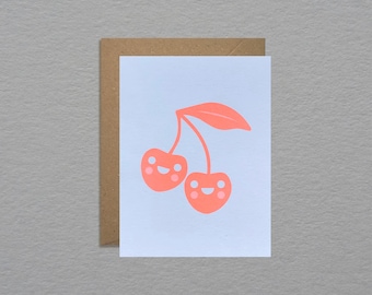 Neon kawaii cherries card - Cute cherry card - Emoji friendship card - Valentines card  - LGBTQ card - Unique note card - Fun greeting card