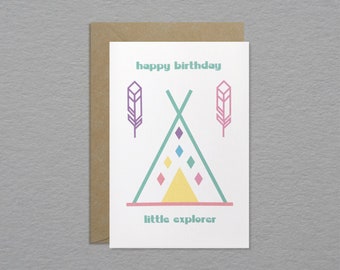 Cute teepee birthday card - Wigwam birthday card - Little explorer birthday card - Kids happy birthday card - Fun unique greeting card