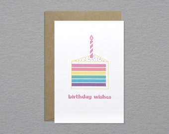 Rainbow cake birthday card – Birthday wishes card - Birthday candle card - Make a wish card - Colourful birthday card - Unique fun card