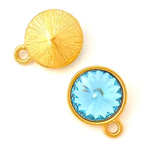 TierraCast® Plain Rivoli Drop with 12mm Aquamarine Crystal, 2 Pieces. Pewter with 22kt Gold Plate. Lead Free Pewter