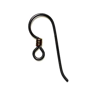 May include: A single black earring hook with a copper-colored coil and a rounded loop at the bottom. The hook is curved and has a simple, minimalist design, suitable for jewelry making.