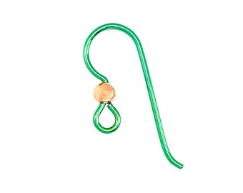 Green Niobium Ear Wires with Copper Bead. Hypoallergenic. (2 Pieces) Medical Grade Clutch. USA