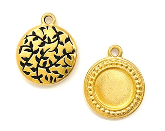 TierraCast® Beaded Round Bezel Pendant, 3 pieces. Pewter with 22kt Gold Plate, Antiqued Finish. Lead Free Pewter, Made in USA