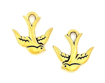 TierraCast® Swallow Charm, 4 pieces, Pewter with 22kt Gold Plate, Antiqued Finish. Lead Free Pewter, Made in USA