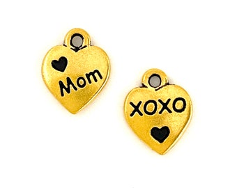 TierraCast® Love Mom Heart Charm, 6 Pieces. Pewter with 22kt Gold Plate, Antiqued Finish. Lead Free Pewter, Made in USA