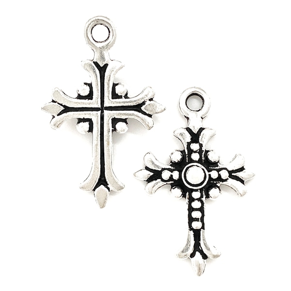 TierraCast® Fleur Cross Charm, 2 pieces. Pewter with Fine Silver Plate, Antiqued Finish. Lead Free Pewter, Made in USA