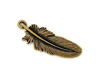 Oxidized Brass 1.2” Feather Charm. (2 pieces) TierraCast® Lead Free Pewter, Made in USA