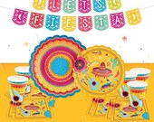 Fiesta Party Decorations Mexican Party Supplies set, Large Dinner plates, Small Dinner Plates, Cups, Napkins, Jumbo tablecloth,