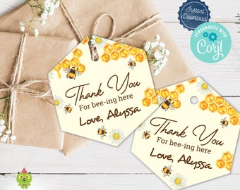 Bee Thank You Tags - 48 Pieces, Editable Goodie Bag Label Card Tags & Envelope Seals - Ideal for Kids Birthday, Gender Reveal, Baby Shower
