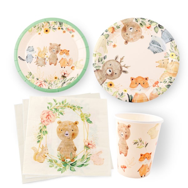 Woodland creatures Party Supplies Set Baby Shower Birthday & Tableware Kit including: 16 pcs Large Plates, 16 pcs Small Plates, 16 pcs