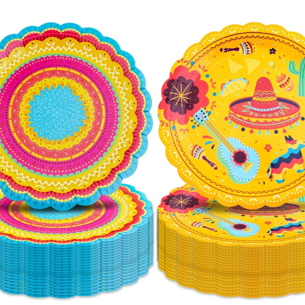 80-Pack 9-Inch Fiesta Plates: 2 Unique Designs (40 Each) - Cinco de Mayo, Mexican Celebrations, Cake & Party Supplies, Decorations,