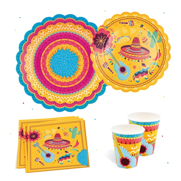 Fiesta Party Supplies Pack Serves 16 - Includes Large Paper Plates, Small Plates, Cups, and Napkins | Birthday, Taco Party, Mexican Party,