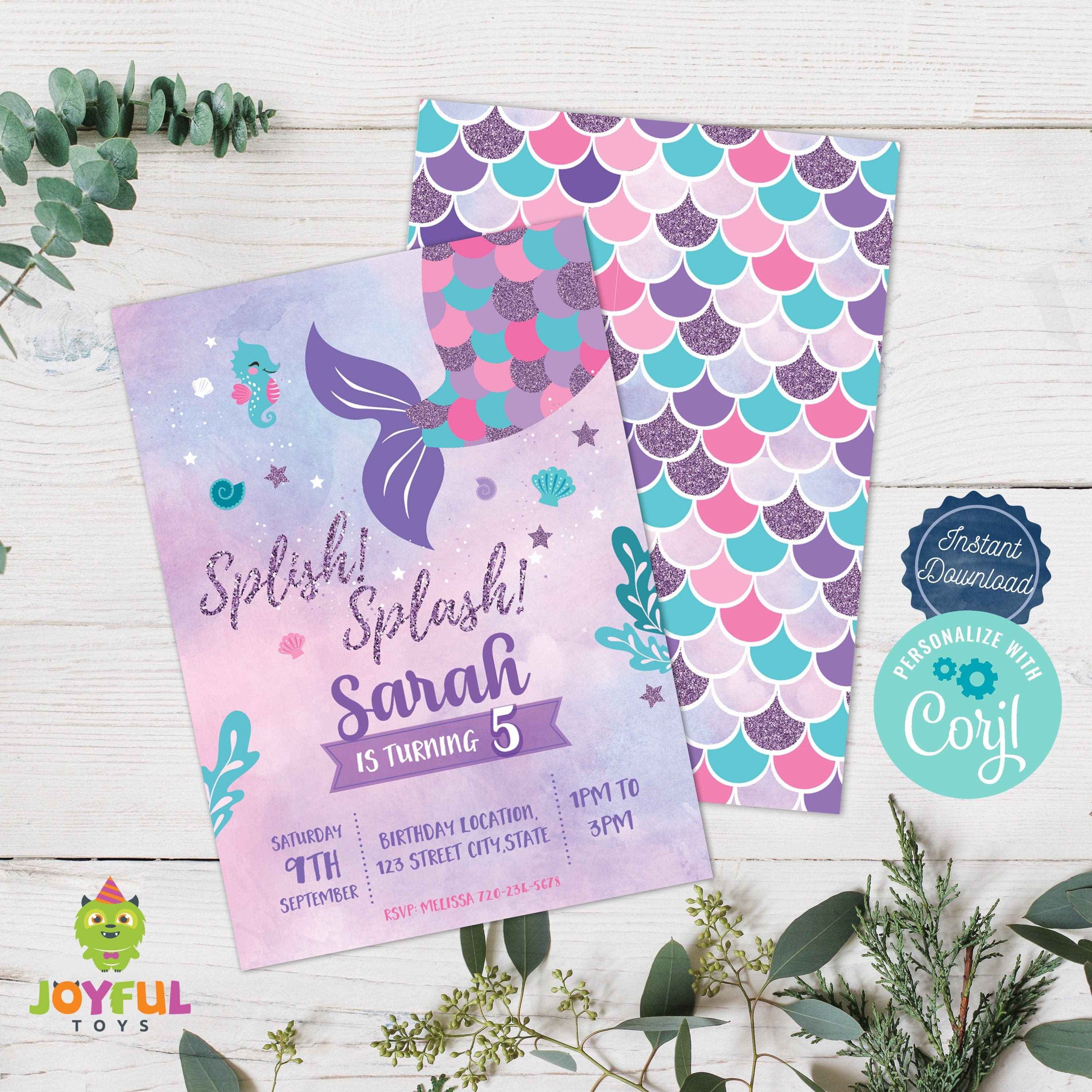 Editable Mermaid Birthday Invitation - Instant Digital Download