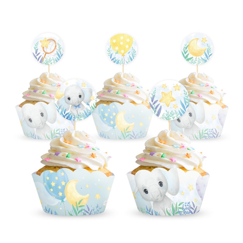 Blue Elephant Baby Shower Boy Cupcake Wrappers And Toppers image 1