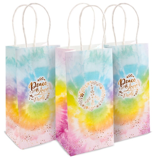 Tie Dye Party Bags Pack of 16 - Goodie Gift Bags with Handle for Candy Favors & Treats, Ideal for Hippie Party Decorations - Party Supplies