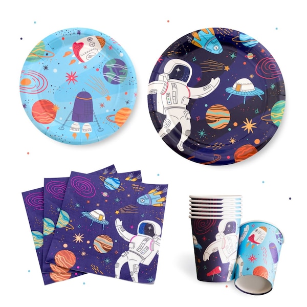 Space Party Decorations Serves 16 - Science Theme Birthday Supplies with Galaxy & Solar System Design | Includes Large Dinner Plates, Small