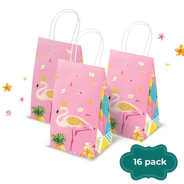 Flamingo Goodie Bags with Handle 16 Pcs - Perfect for Party Treats, Candy, Favors, Gifts | Tropical, Luau and Flamingo Theme