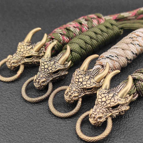 Handgemaakte messing drakenkop paracord sleutelhanger – EDC-tactische bedel voor rugzak, auto, sleutels, cadeau voor hem