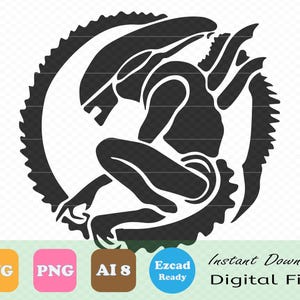 May include: Black and white silhouette of an alien creature with a sharp, jagged, circular design around it.