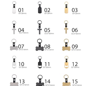 May include: A collection of keychains with various designs, including rectangular, cross, bone-shaped, and bottle opener styles. Each keychain has a metal ring and a leather or metal tag. Measurements are provided in millimeters.