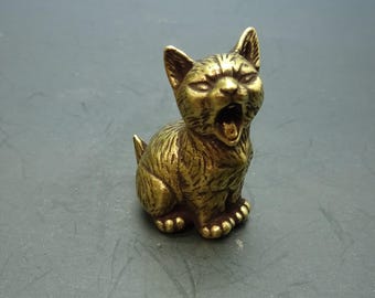 Brass Cat Figurine – Yawning Sleeping Kitty Miniature Sculpture for Desk, Shelf, Pet Lover Gift or Collector Decor