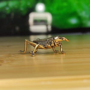 Puede incluir: Una figurita de saltamontes de metal de color dorado. El saltamontes está en posición de salto con las patas extendidas.