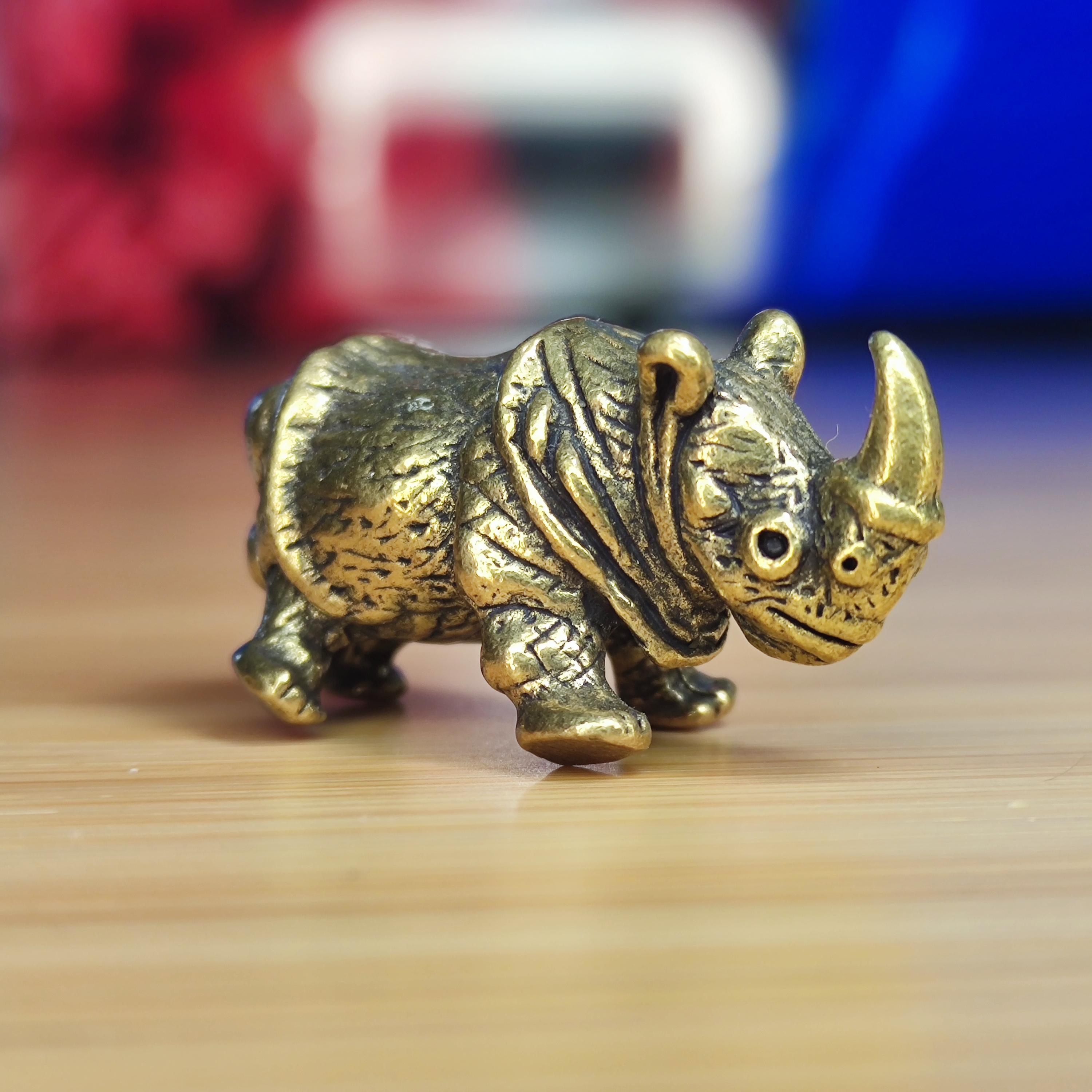 Handcrafted Brass Rhinoceros Figurine: Miniature Desk Decor