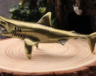 Mini Brass Shark Figurine – Handcrafted Ocean Animal Sculpture for Nautical Desk or Marine Decor