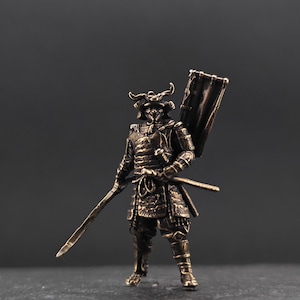 Super Small Brass Samurai, Tiny Warrior Statue, Japanese Decor Accent, Miniature Metal Figurine
