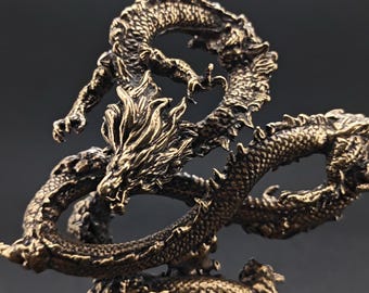 Solid Brass Chinese Dragon Figurine: Feng Shui Desk Decor