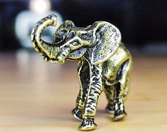 Mini Brass Elephant Figurine – Lucky Trunk Up Sculpture for Desk, Shelf, Feng Shui Charm or Collector Gift