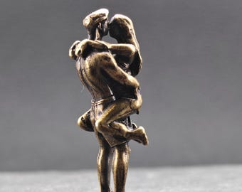 Lifted Off the Ground Brass Kissing Couple Figurine, Romantic Anniversary Gift, Miniature Love Sculpture