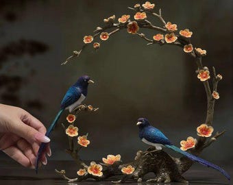 Brass Magpie Blossom Figurine – Auspicious Desk Ornament