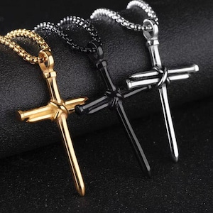 Nail Cross Pendant Necklace for Men – Alloy Metal Pendant with 60cm Stainless Steel Chain | Punk Religious Gothic Style Jewelry