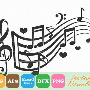 May include: Black and white illustration of musical notes and a treble clef with hearts. The notes are arranged in a flowing pattern, creating a sense of movement and rhythm. The image is perfect for use in music-themed crafts, projects, and designs.