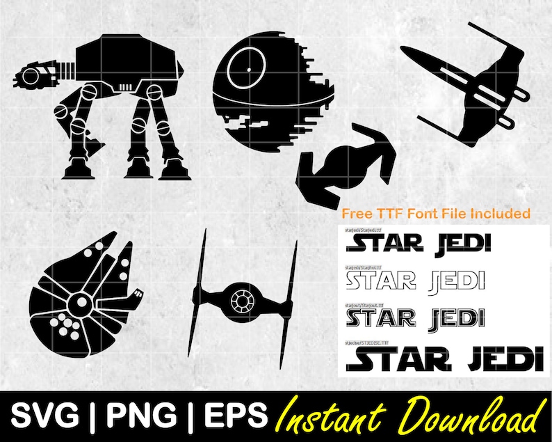 Puede incluir: Un conjunto de archivos de corte SVG con tem&aacute;tica de Star Wars en blanco y negro. Los archivos incluyen una Estrella de la Muerte, un caza TIE, un caminante AT-AT, un Halc&oacute;n Milenario y un gr&aacute;fico de texto que dice "STAR JEDI".