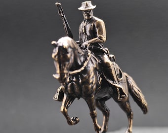 Mini Brass Cowboy on Horse Figurine – Vintage Western Sculpture for Desk, Shelf, Gift for Men or Collector Decor