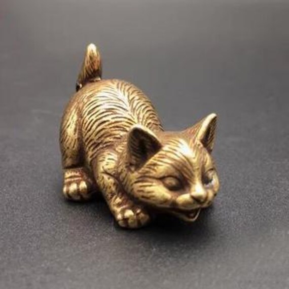 Figurine De Chat En Laiton Vintage - Sculpture Miniature Faite Main - Décoration De Bureau Ou D'intérieur - Style élégant Et Antique - 10